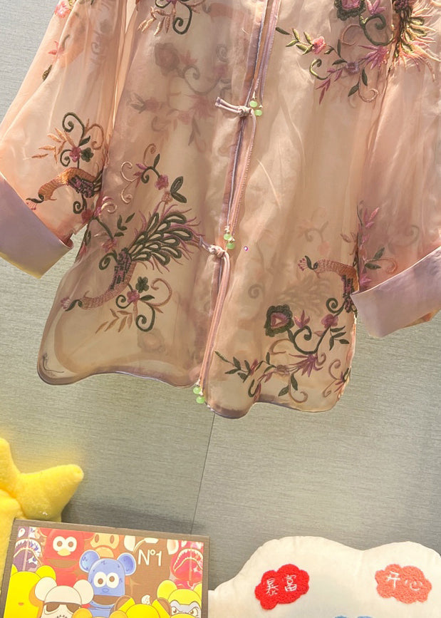 Pink Chinese Button Patchwork Tulle Shirt V Neck Long Sleeve Ada Fashion