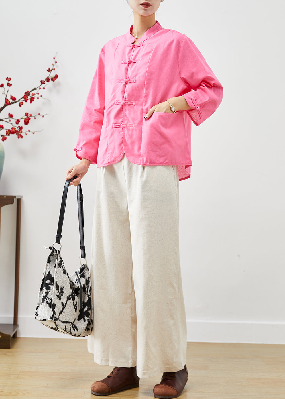 Pink Chinese Style Linen Two Pieces Set Mandarin Collar Fall Ada Fashion