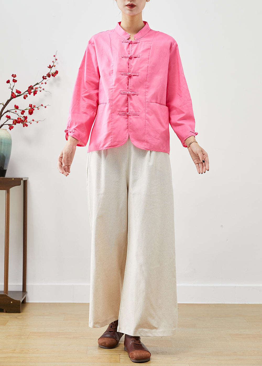 Pink Chinese Style Linen Two Pieces Set Mandarin Collar Fall Ada Fashion
