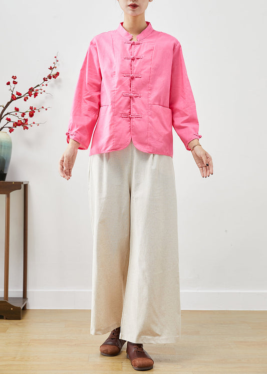 Pink Chinese Style Linen Two Pieces Set Mandarin Collar Fall Ada Fashion