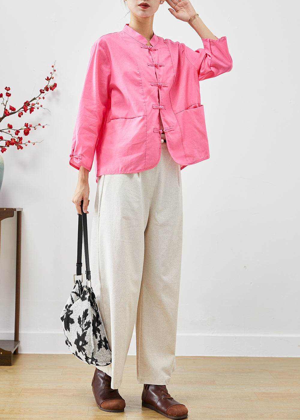 Pink Chinese Style Linen Two Pieces Set Mandarin Collar Fall Ada Fashion