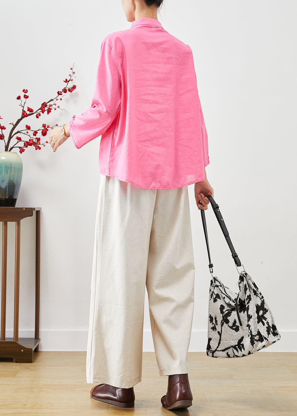 Pink Chinese Style Linen Two Pieces Set Mandarin Collar Fall Ada Fashion