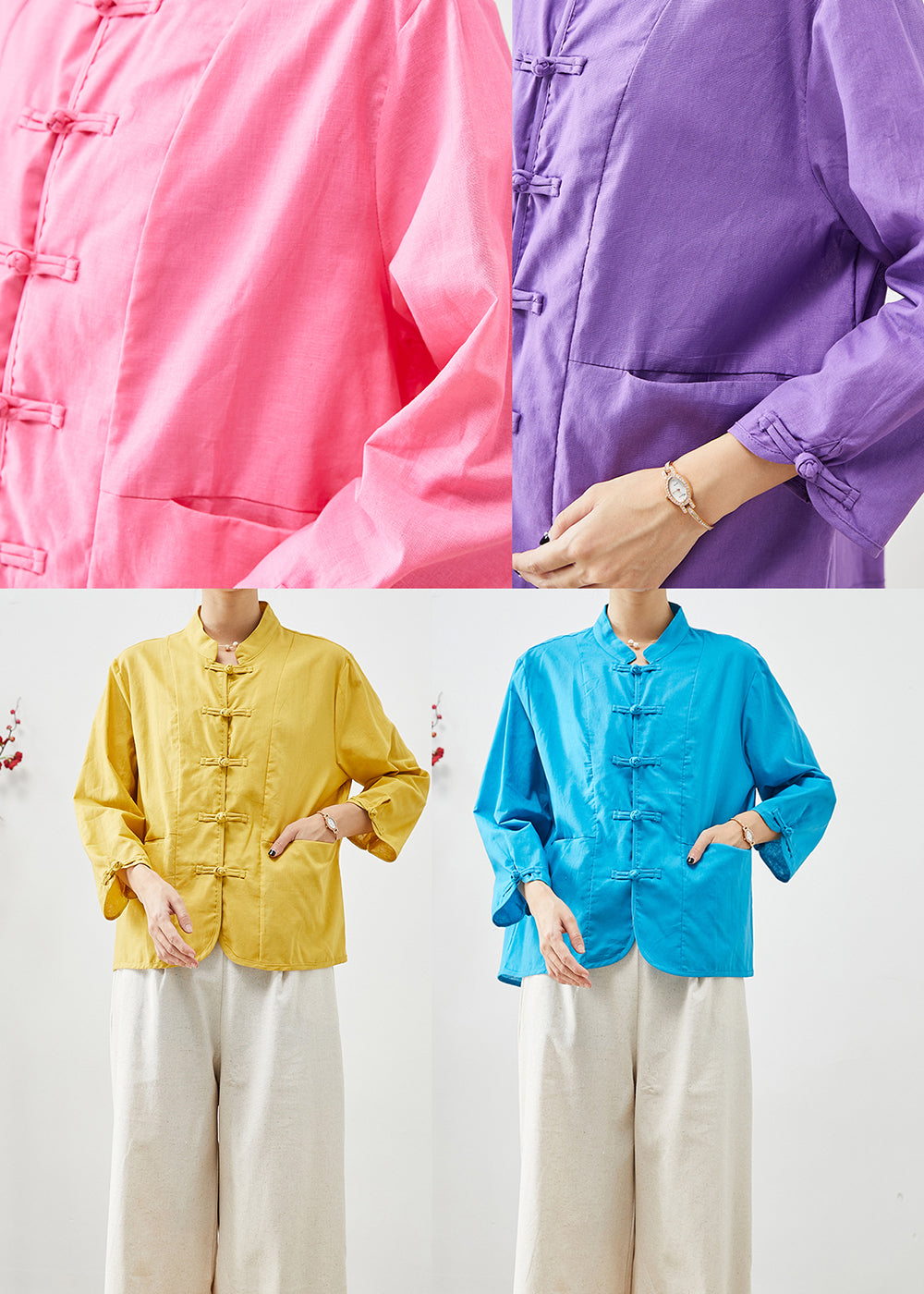 Pink Chinese Style Linen Two Pieces Set Mandarin Collar Fall Ada Fashion
