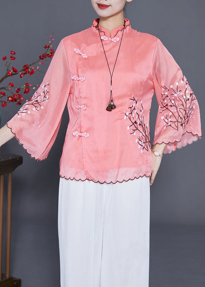 Pink Chinese Style Silk Blouses Embroideried Chinese Button Flare Sleeve LY3663 - fabuloryshop