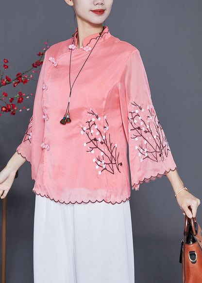 Pink Chinese Style Silk Blouses Embroideried Chinese Button Flare Sleeve LY3663 - fabuloryshop