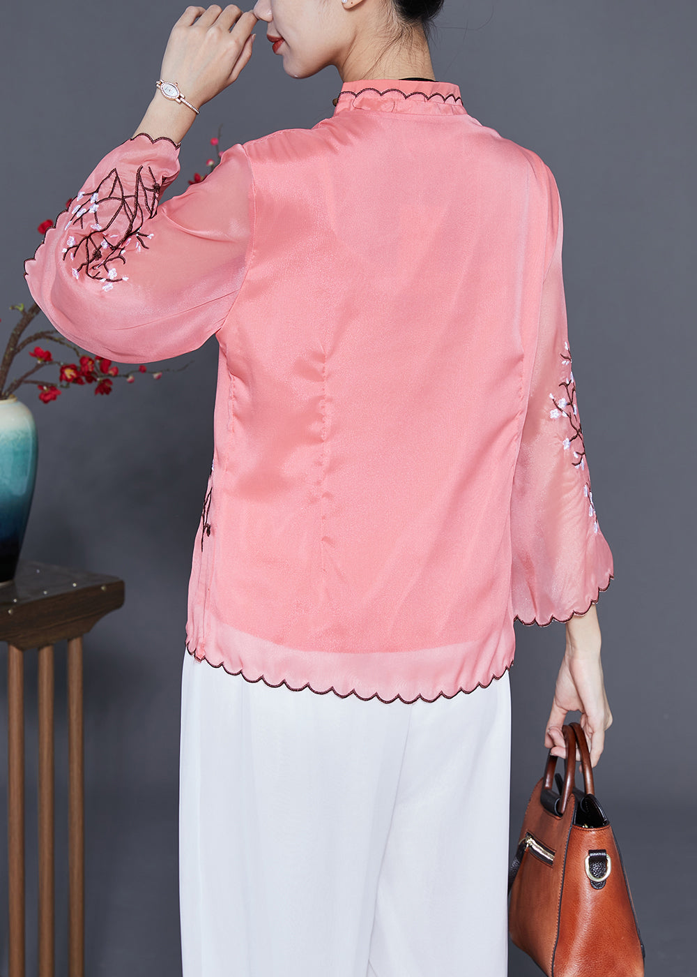 Pink Chinese Style Silk Blouses Embroideried Chinese Button Flare Sleeve LY3663 - fabuloryshop