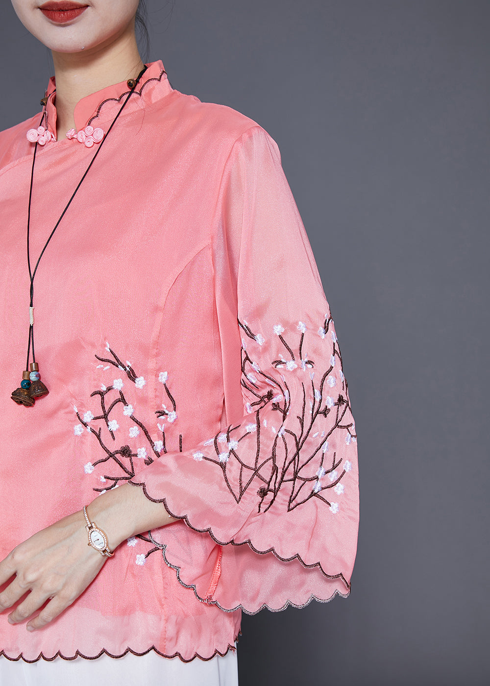 Pink Chinese Style Silk Blouses Embroideried Chinese Button Flare Sleeve LY3663 - fabuloryshop