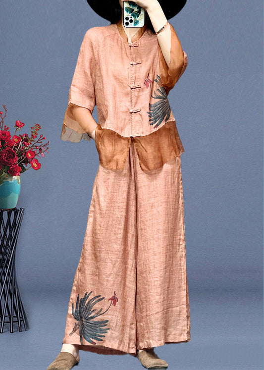 Pink Embroideried Button Linen Shirts And Wide Leg Pants Linen Summer TI1012 - fabuloryshop