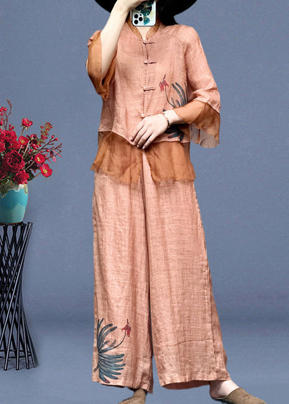 Pink Embroideried Button Linen Shirts And Wide Leg Pants Linen Summer TI1012 - fabuloryshop