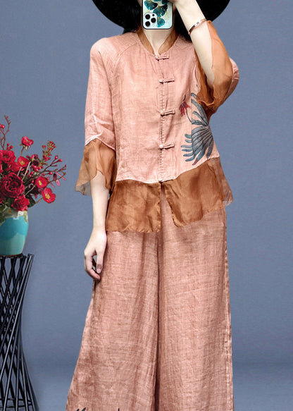 Pink Embroideried Button Linen Shirts And Wide Leg Pants Linen Summer TI1012 - fabuloryshop