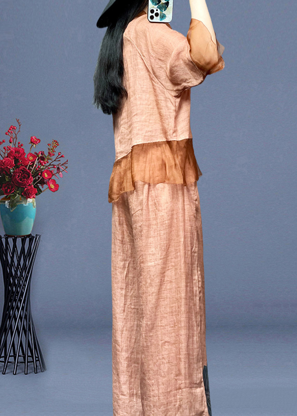 Pink Embroideried Button Linen Shirts And Wide Leg Pants Linen Summer LY4512 - fabuloryshop