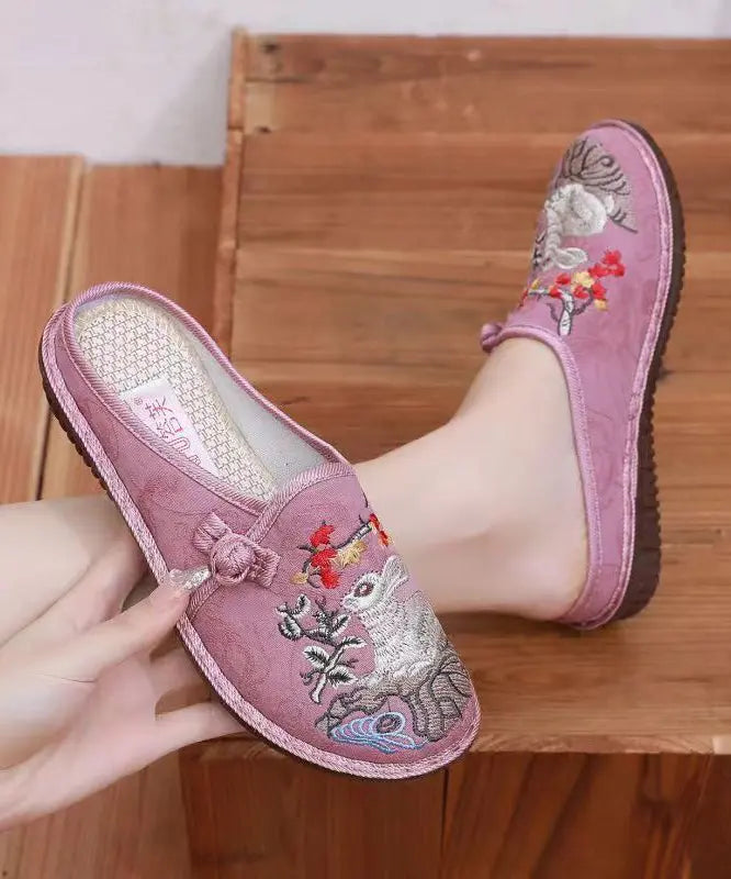 Pink Embroidery Retro Splicing Slide Sandals Ada Fashion