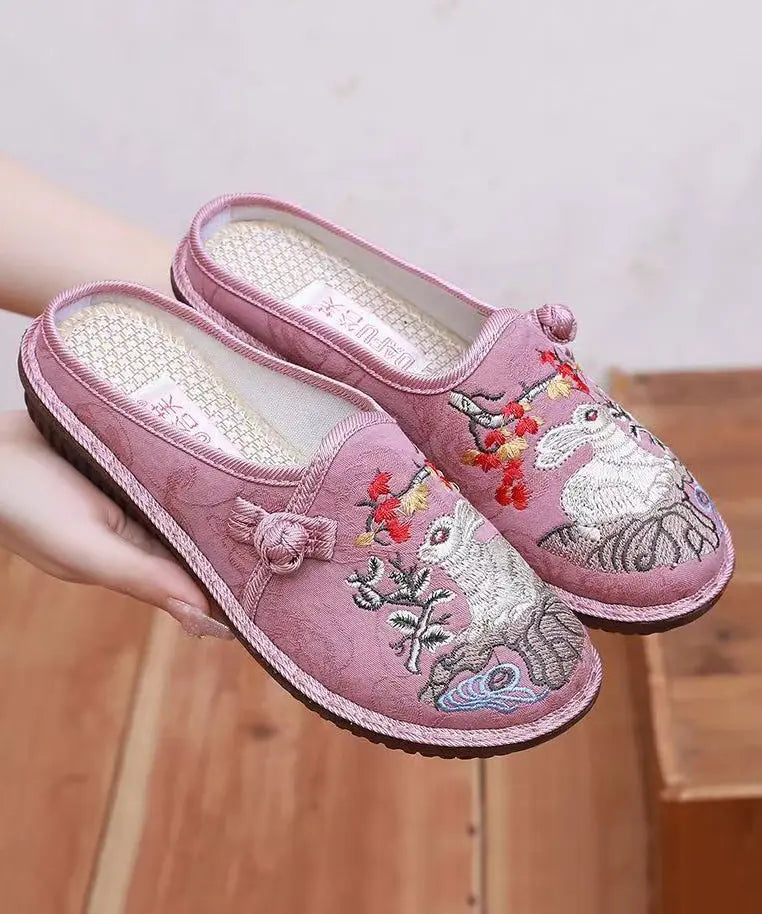 Pink Embroidery Retro Splicing Slide Sandals Ada Fashion