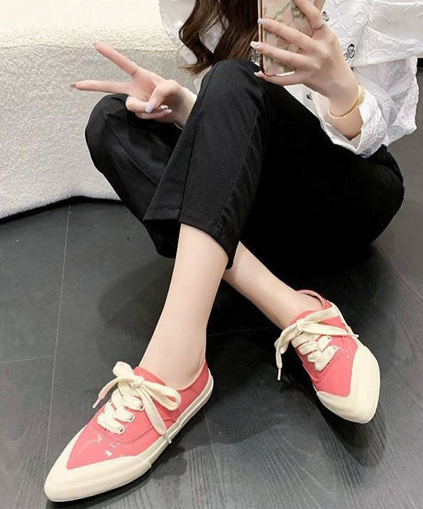 Pink Faux Leather Flat Shoes For Women Lace Up Splicing Pointed Toe LY2681 - fabuloryshop