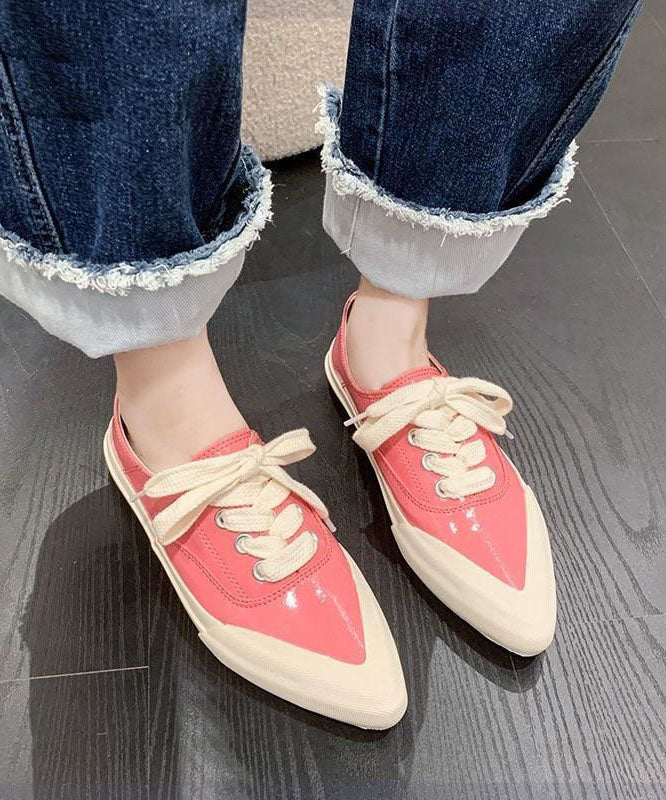 Pink Faux Leather Flat Shoes For Women Lace Up Splicing Pointed Toe LY2681 - fabuloryshop