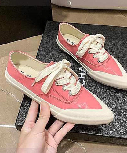 Pink Faux Leather Flat Shoes For Women Lace Up Splicing Pointed Toe LY2681 - fabuloryshop