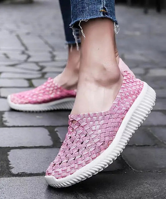 Pink Flat Shoes Knit Fabric Handmade Splicing Women Ada Fashion