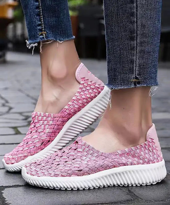 Pink Flat Shoes Knit Fabric Handmade Splicing Women Ada Fashion