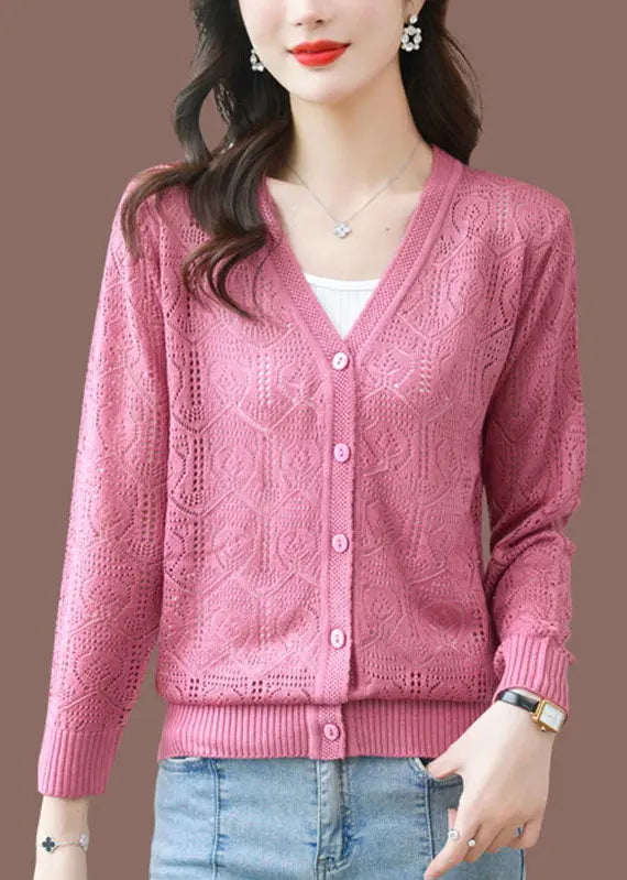 Pink Hollow Out Ice Size Cozy Knit Cardigans Long Sleeve Ada Fashion