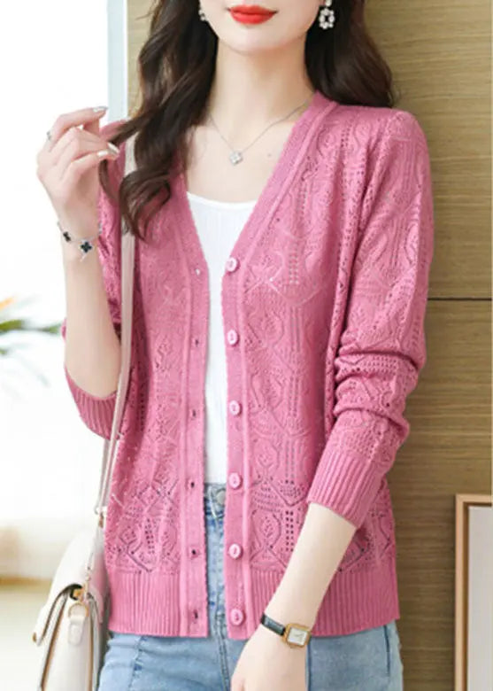 Pink Hollow Out Ice Size Cozy Knit Cardigans Long Sleeve Ada Fashion