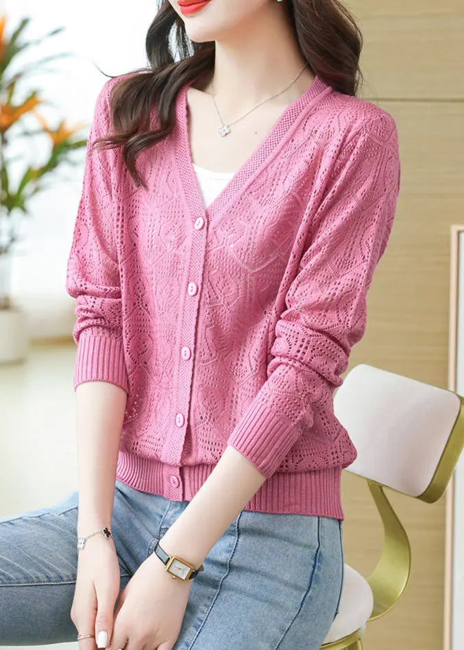 Pink Hollow Out Ice Size Cozy Knit Cardigans Long Sleeve Ada Fashion