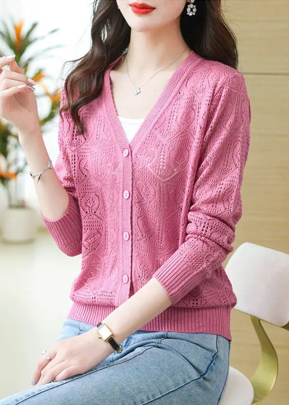 Pink Hollow Out Ice Size Cozy Knit Cardigans Long Sleeve Ada Fashion