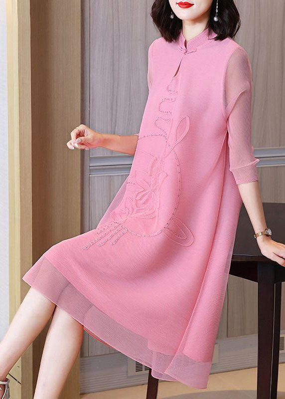 Pink Jacquard A Line Dress Mandarin Collar Wrinkled Bracelet Sleeve LY1406 - fabuloryshop