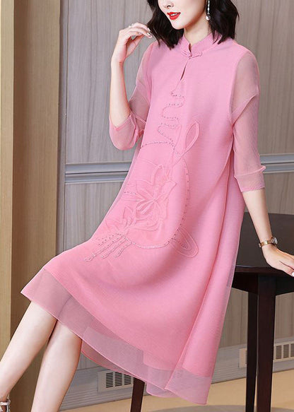 Pink Jacquard A Line Dress Mandarin Collar Wrinkled Bracelet Sleeve LY1406 - fabuloryshop