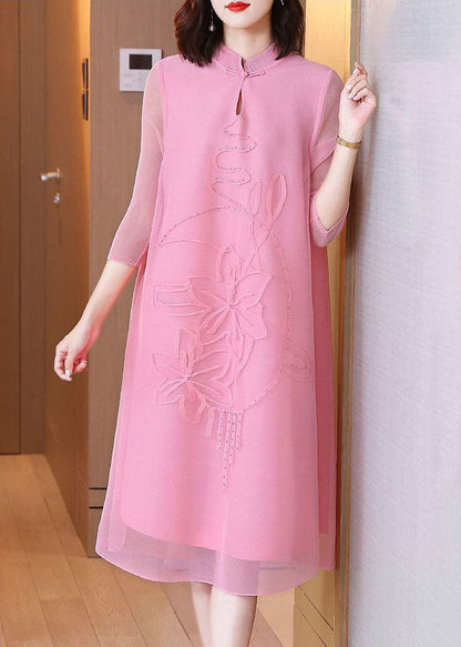 Pink Jacquard A Line Dress Mandarin Collar Wrinkled Bracelet Sleeve LY1406 - fabuloryshop