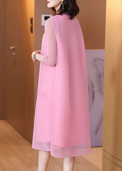 Pink Jacquard A Line Dress Mandarin Collar Wrinkled Bracelet Sleeve LY1406 - fabuloryshop