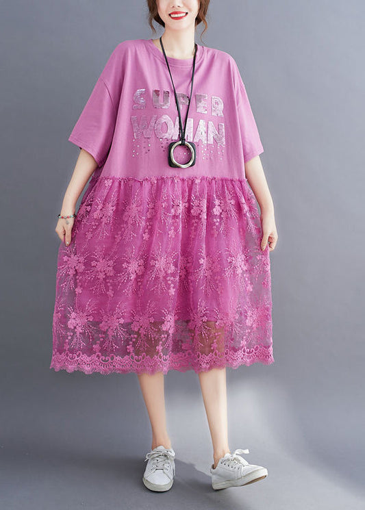 Pink Lace Patchwork Cotton Maxi Dresses Oversized Letter Print Half Sleeve LY0894 - fabuloryshop