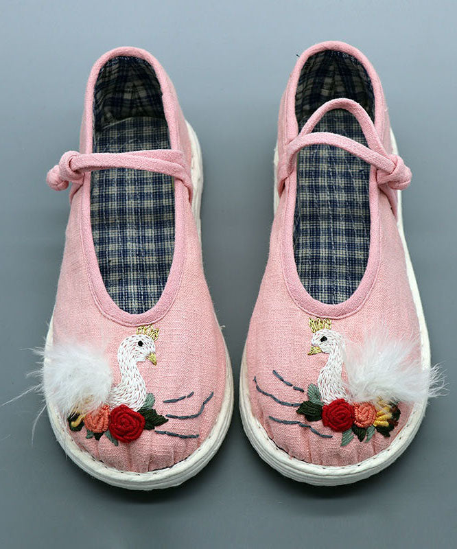 Pink Linen Fabric Flat Shoes For Women Embroidery Splicing Buckle Strap LY4331 - fabuloryshop