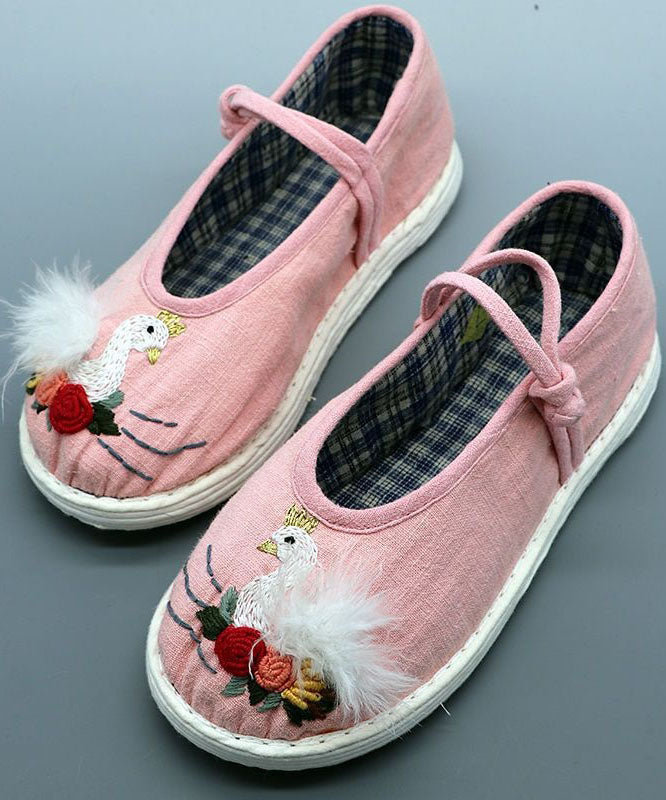 Pink Linen Fabric Flat Shoes For Women Embroidery Splicing Buckle Strap LY4331 - fabuloryshop