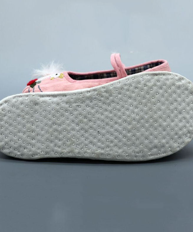 Pink Linen Fabric Flat Shoes For Women Embroidery Splicing Buckle Strap LY4331 - fabuloryshop