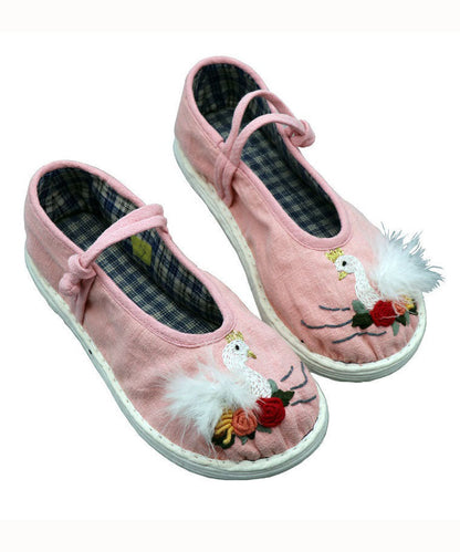 Pink Linen Fabric Flat Shoes For Women Embroidery Splicing Buckle Strap LY4331 - fabuloryshop