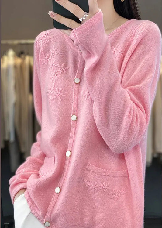 Pink O-Neck Solid Cashmere Knit Cardigan Fall Ada Fashion