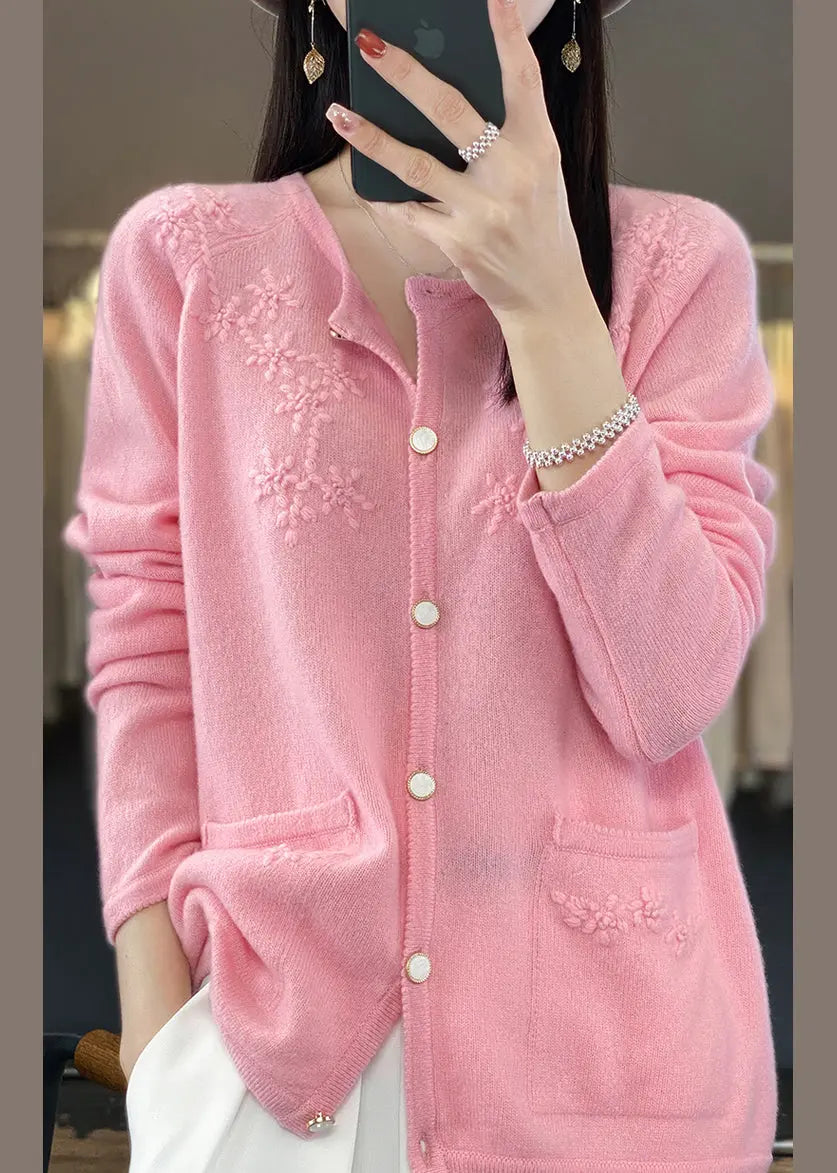 Pink O-Neck Solid Cashmere Knit Cardigan Fall Ada Fashion