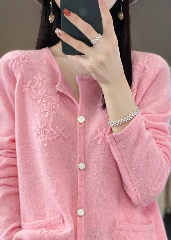 Pink O-Neck Solid Cashmere Knit Cardigan Fall Ada Fashion