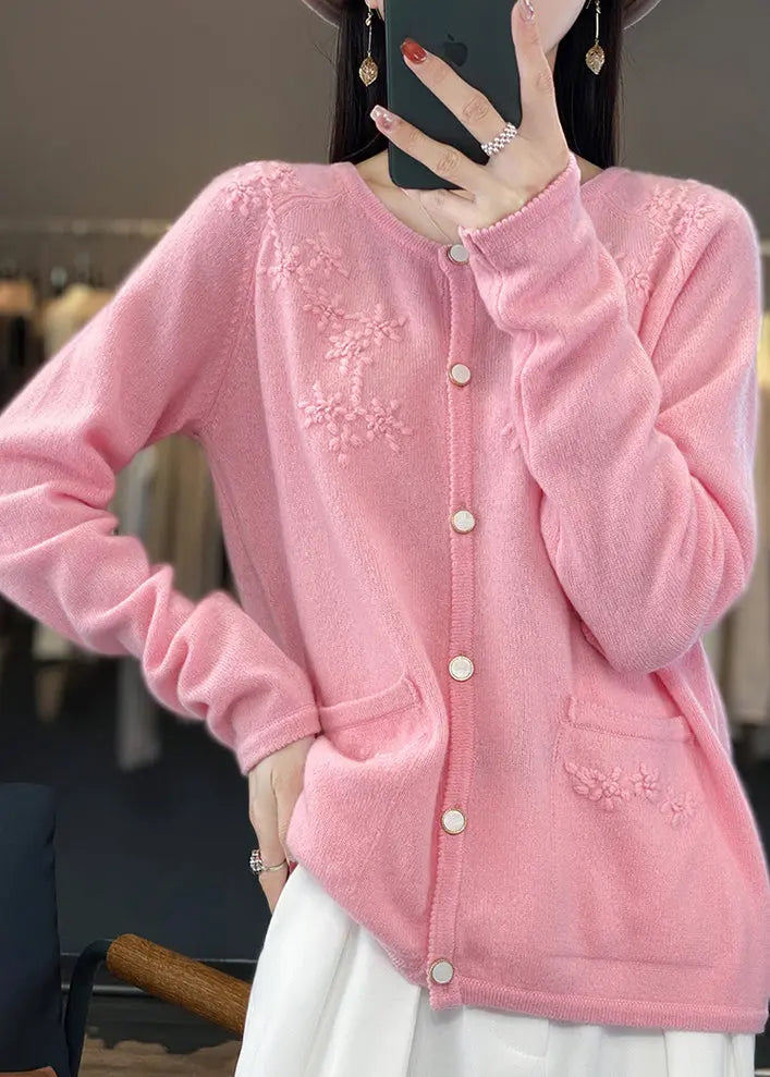 Pink O-Neck Solid Cashmere Knit Cardigan Fall Ada Fashion