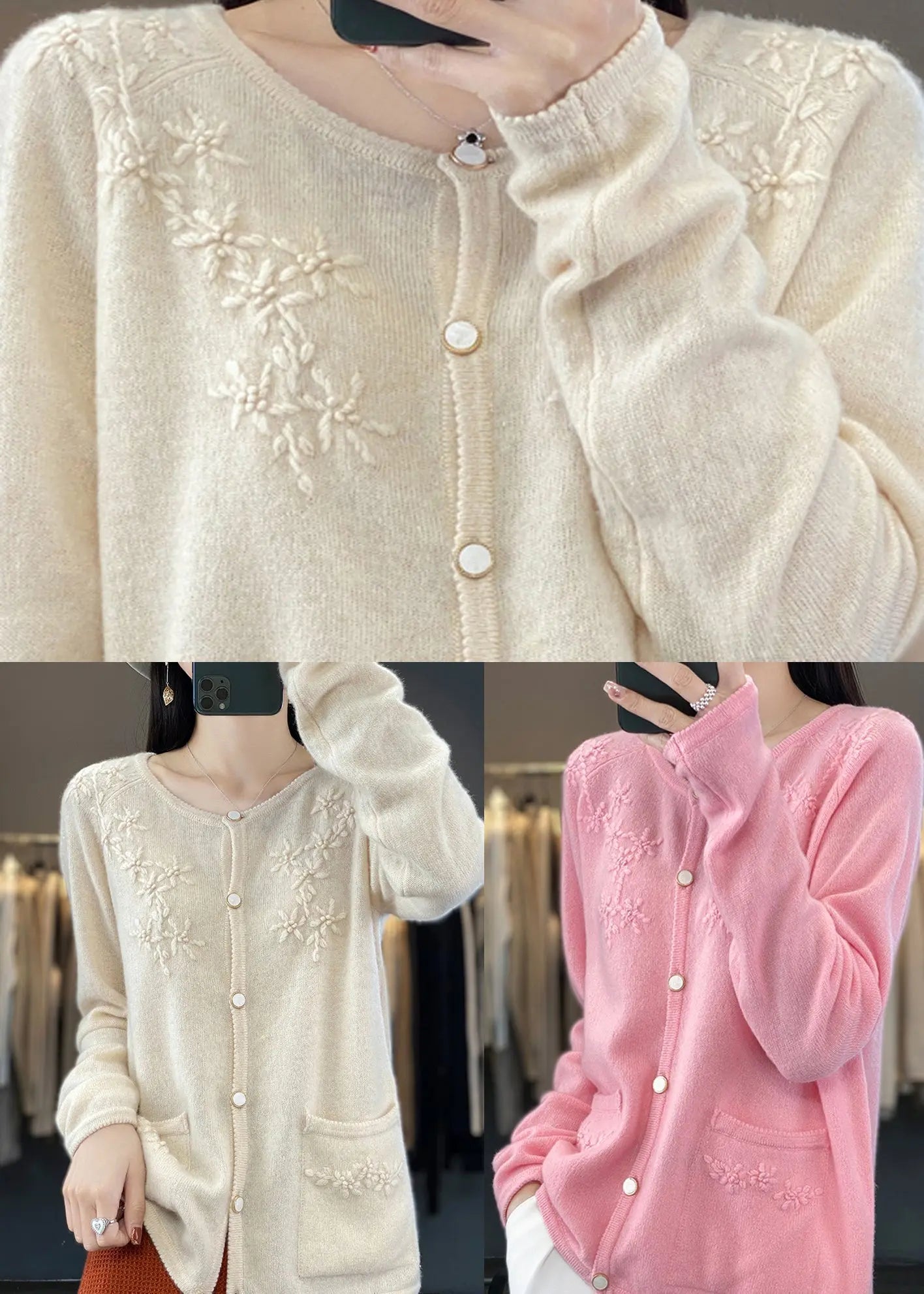 Pink O-Neck Solid Cashmere Knit Cardigan Fall Ada Fashion