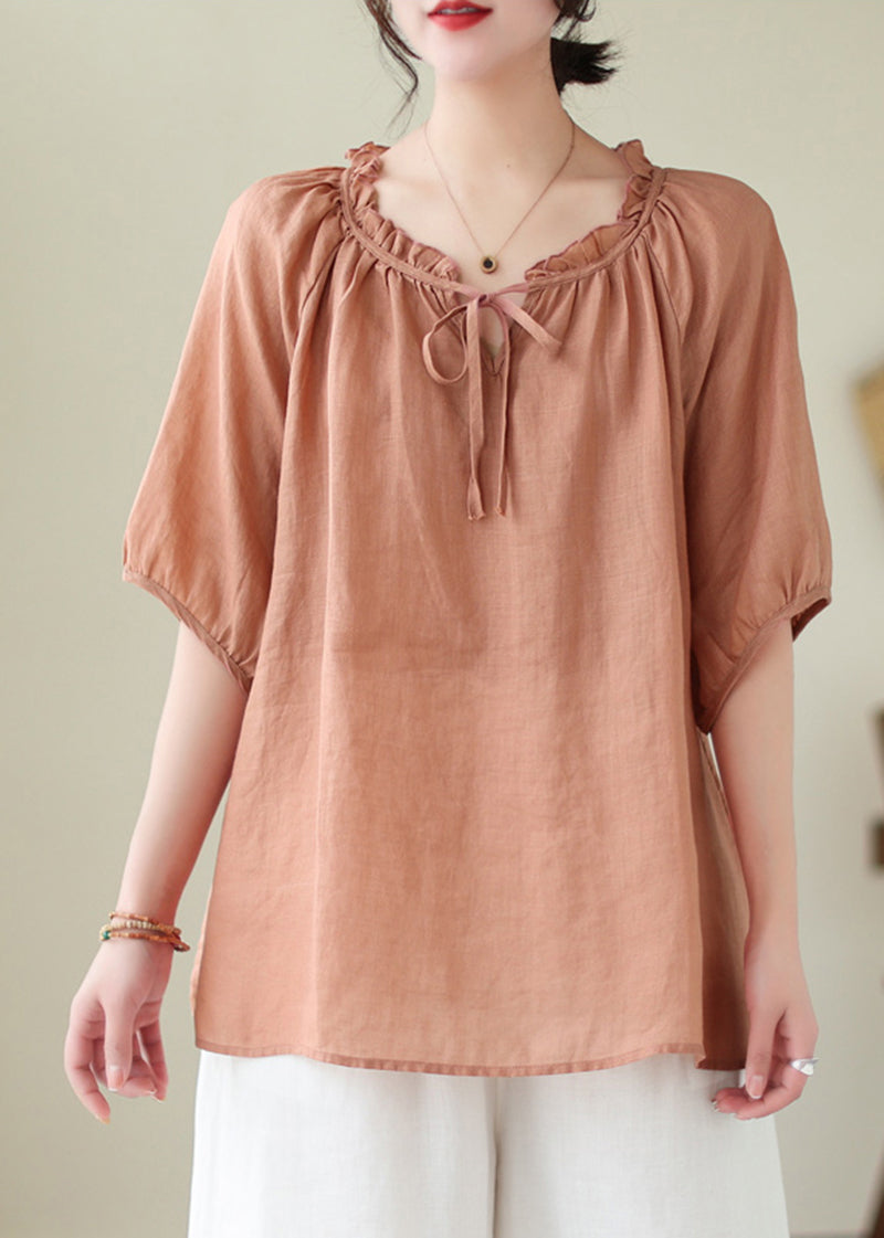 Pink Orange Linen Shirt Top Ruffled Lace Up Summer LY5300 - fabuloryshop