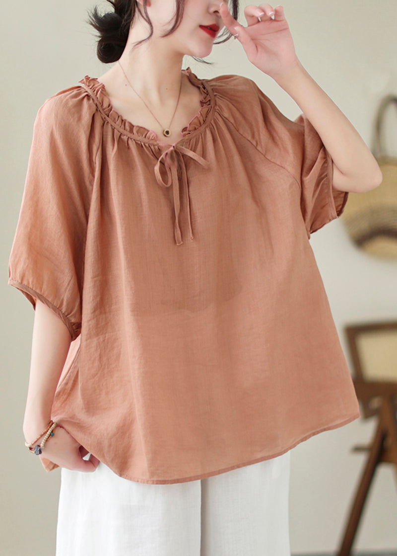 Pink Orange Linen Shirt Top Ruffled Lace Up Summer LY5300 - fabuloryshop