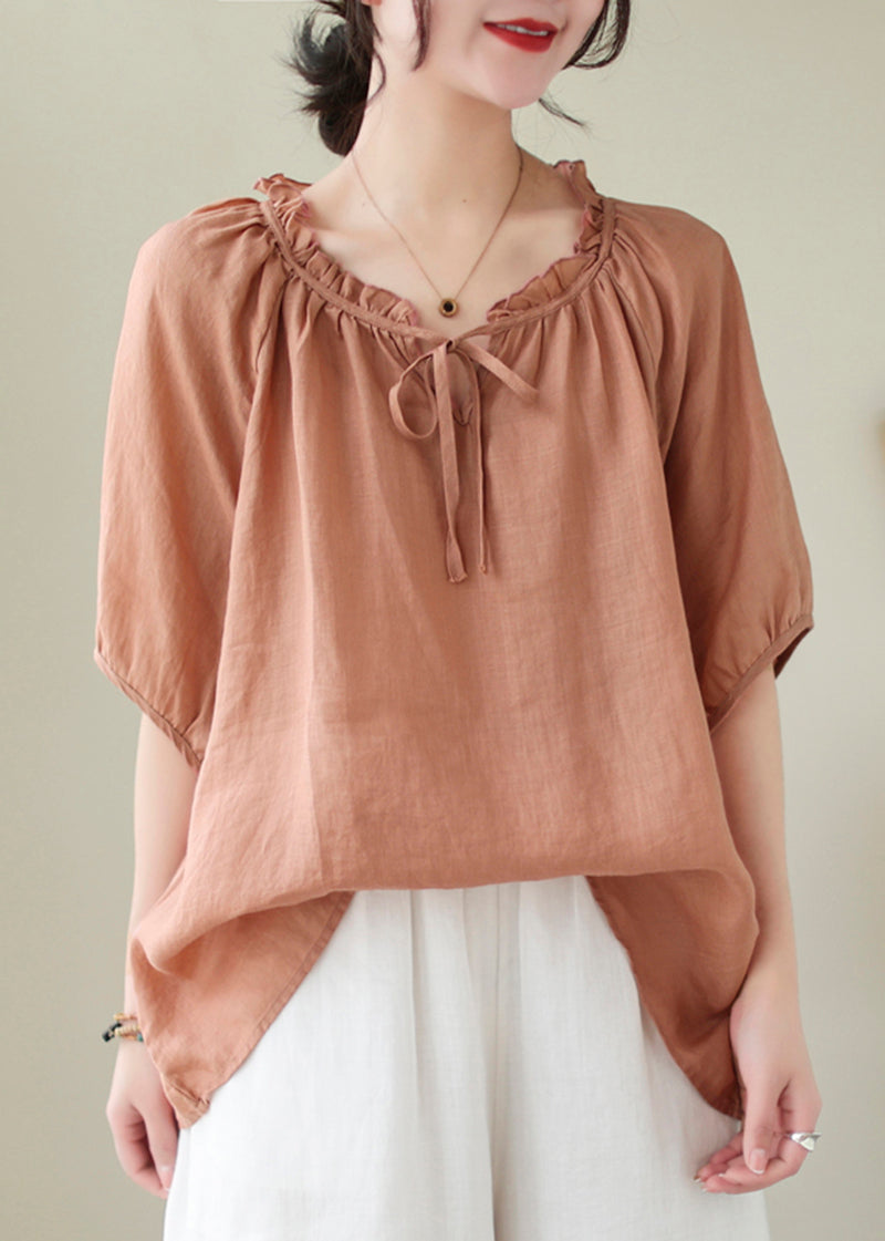 Pink Orange Linen Shirt Top Ruffled Lace Up Summer LY5300 - fabuloryshop