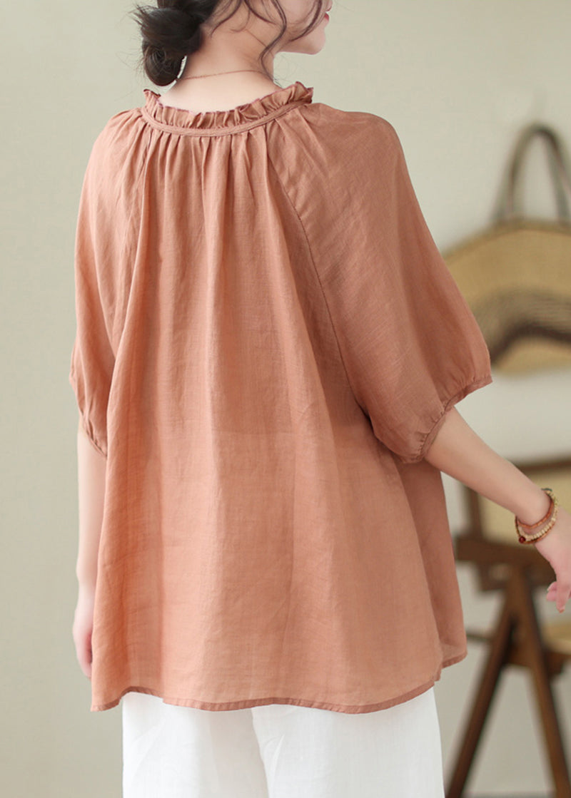 Pink Orange Linen Shirt Top Ruffled Lace Up Summer LY5300 - fabuloryshop