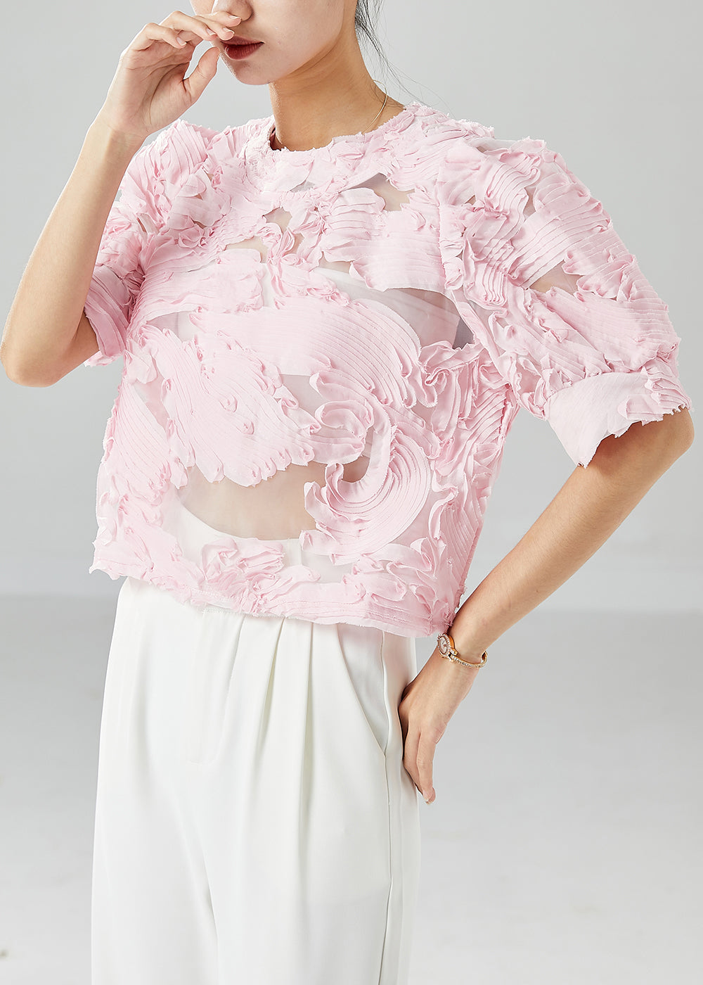 Pink Original Design Tulle Shirts Wrinkled Summer LY6140 - fabuloryshop