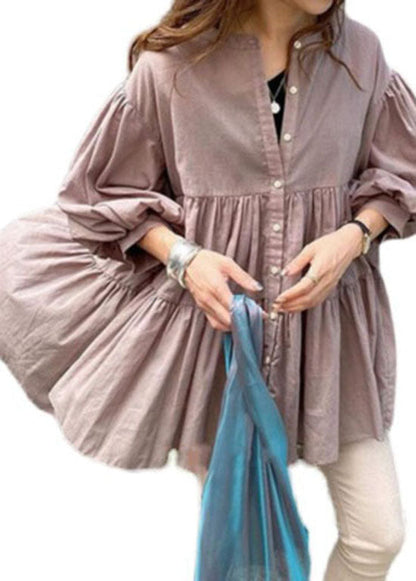 Pink Patchwork Chiffon Blouse Tops O Neck Lantern Sleeve LY2143 - fabuloryshop