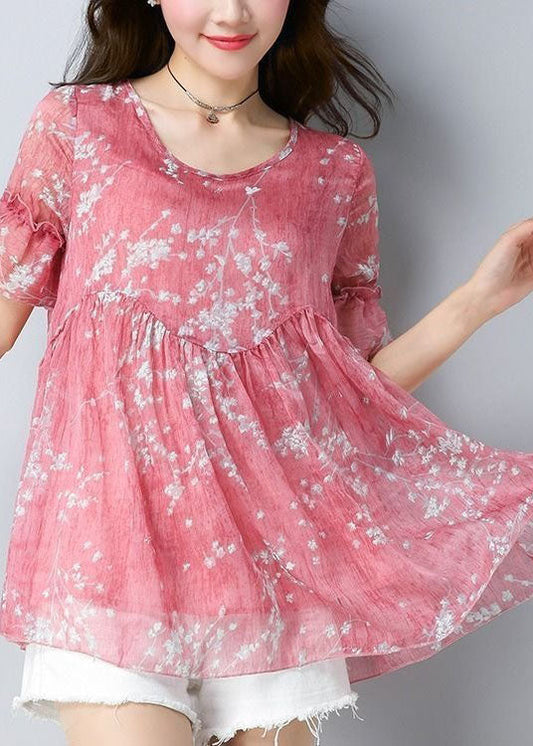 Pink Patchwork Chiffon Shirt O Neck Wrinkled Summer LY4673 - fabuloryshop