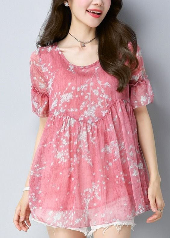 Pink Patchwork Chiffon Shirt O Neck Wrinkled Summer LY4673 - fabuloryshop