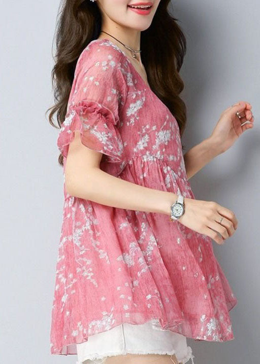 Pink Patchwork Chiffon Shirt O Neck Wrinkled Summer LY4673 - fabuloryshop