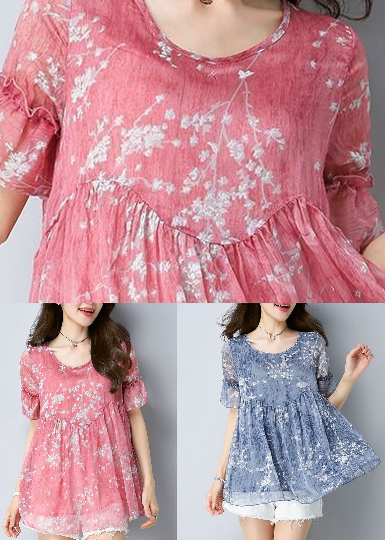 Pink Patchwork Chiffon Shirt O Neck Wrinkled Summer LY4673 - fabuloryshop